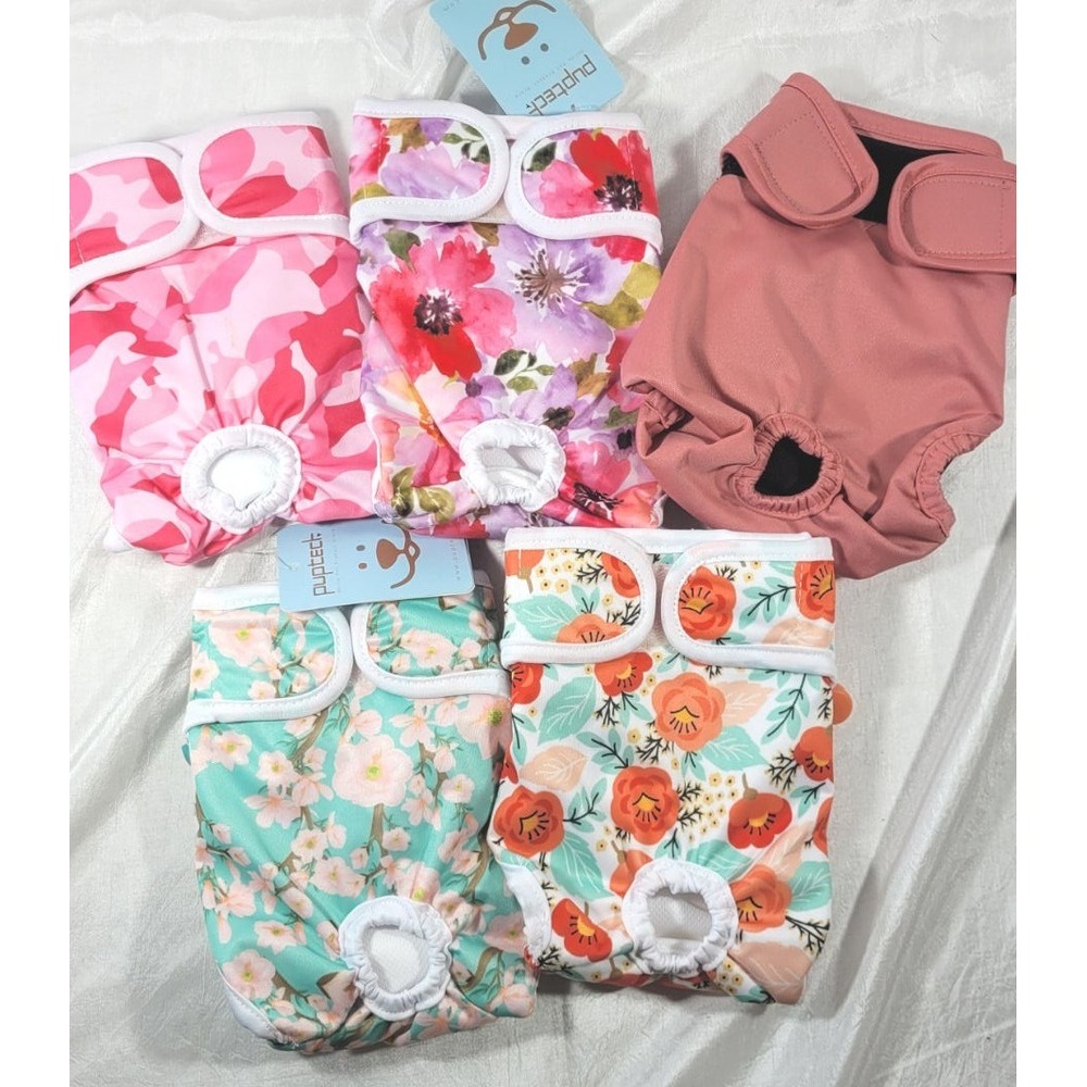 5 Reusable Washable Female Doggie Diapers - Floral, Camo - Small 11.5-15" Waist